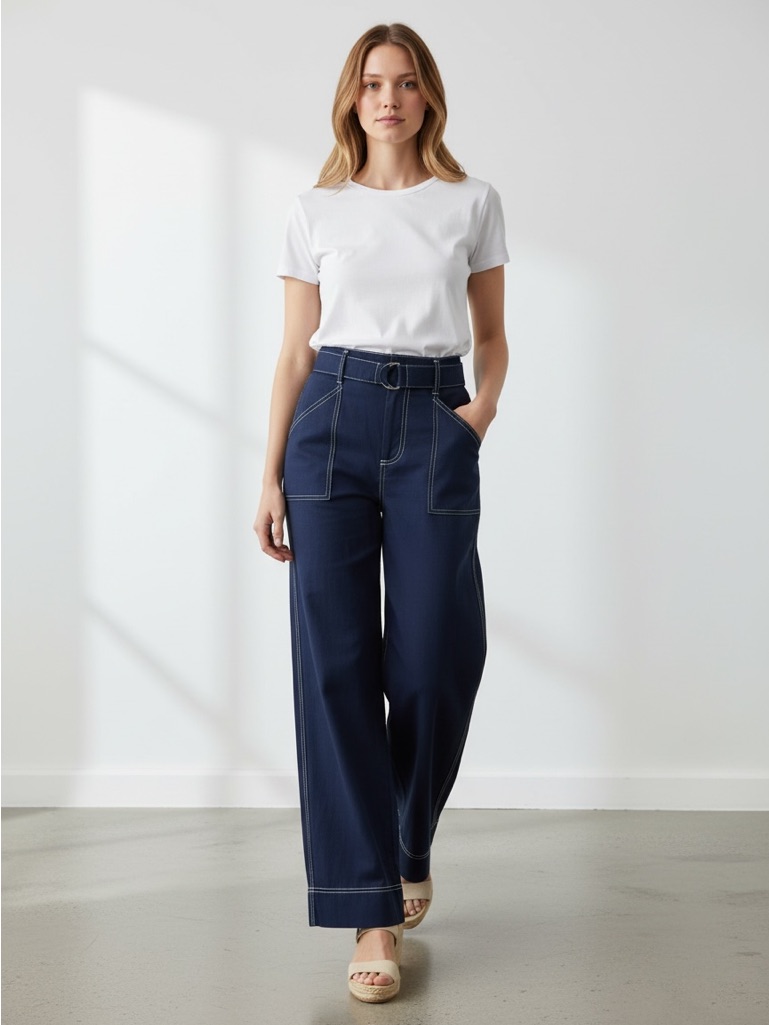 1250 Navy Rayon Blend Wide Leg Pants W/White Stitching Slant Pockets & Belt